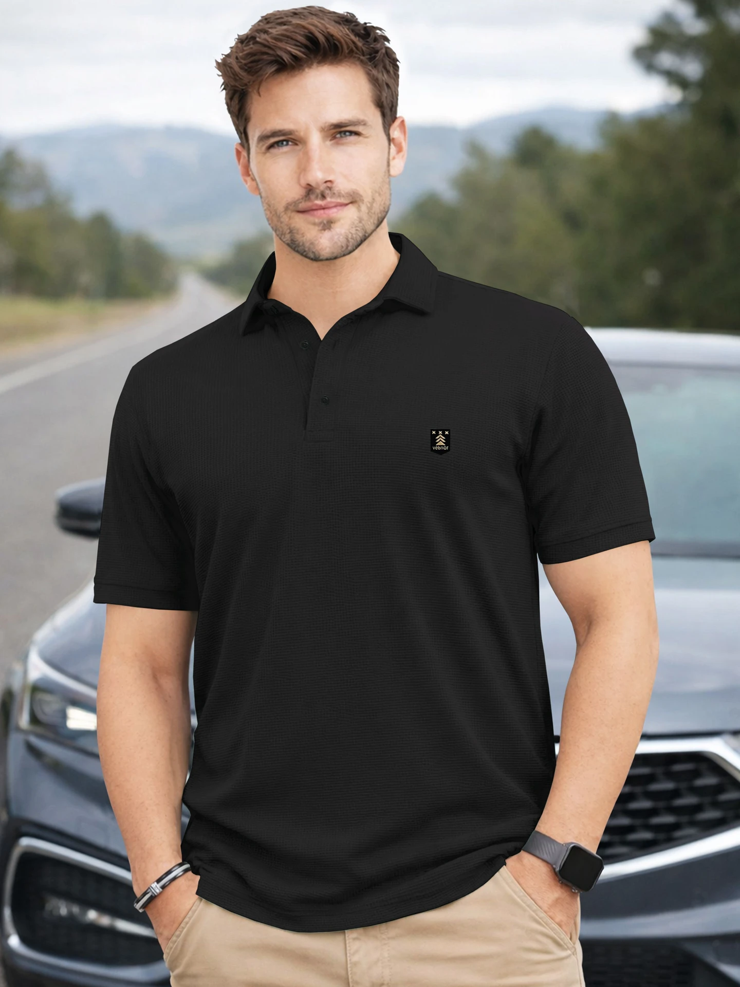 Men Solid Polo Neck Polyester Black T-Shirt
