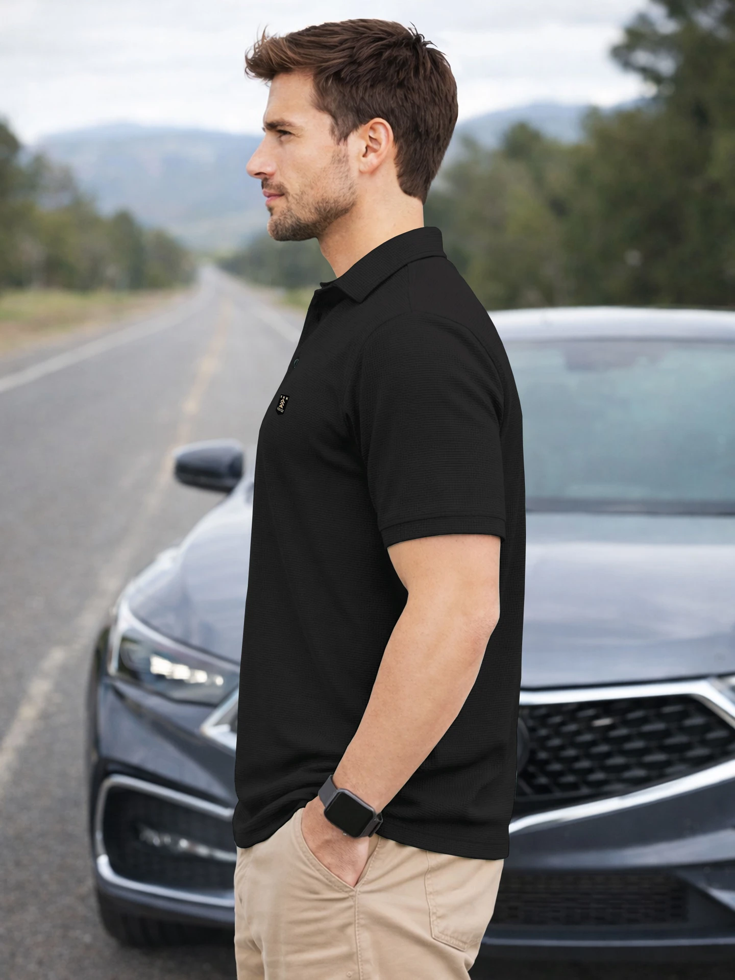 Men Solid Polo Neck Polyester Black T-Shirt
