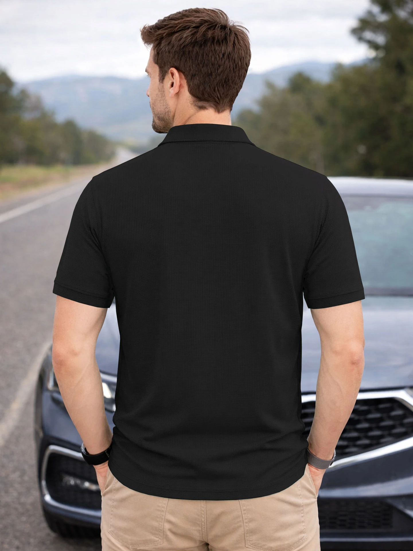 Men Solid Polo Neck Polyester Black T-Shirt